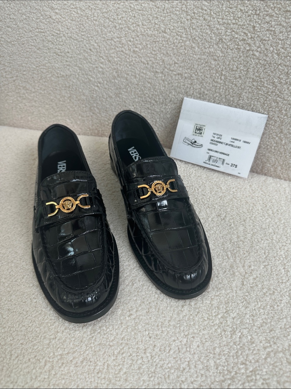 Versace Black Croc-Embossed Leather Loafers with Gold Medallion